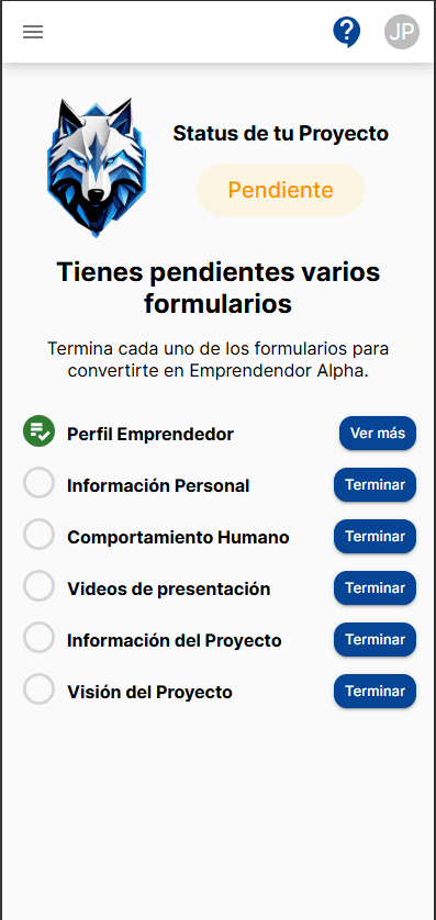Entrepreneur project status screen listing the forms still pending — mobile view