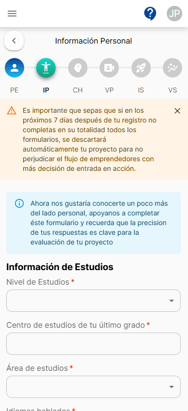 Entrepreneur personal information form, with notices and education and family fields — mobile view
