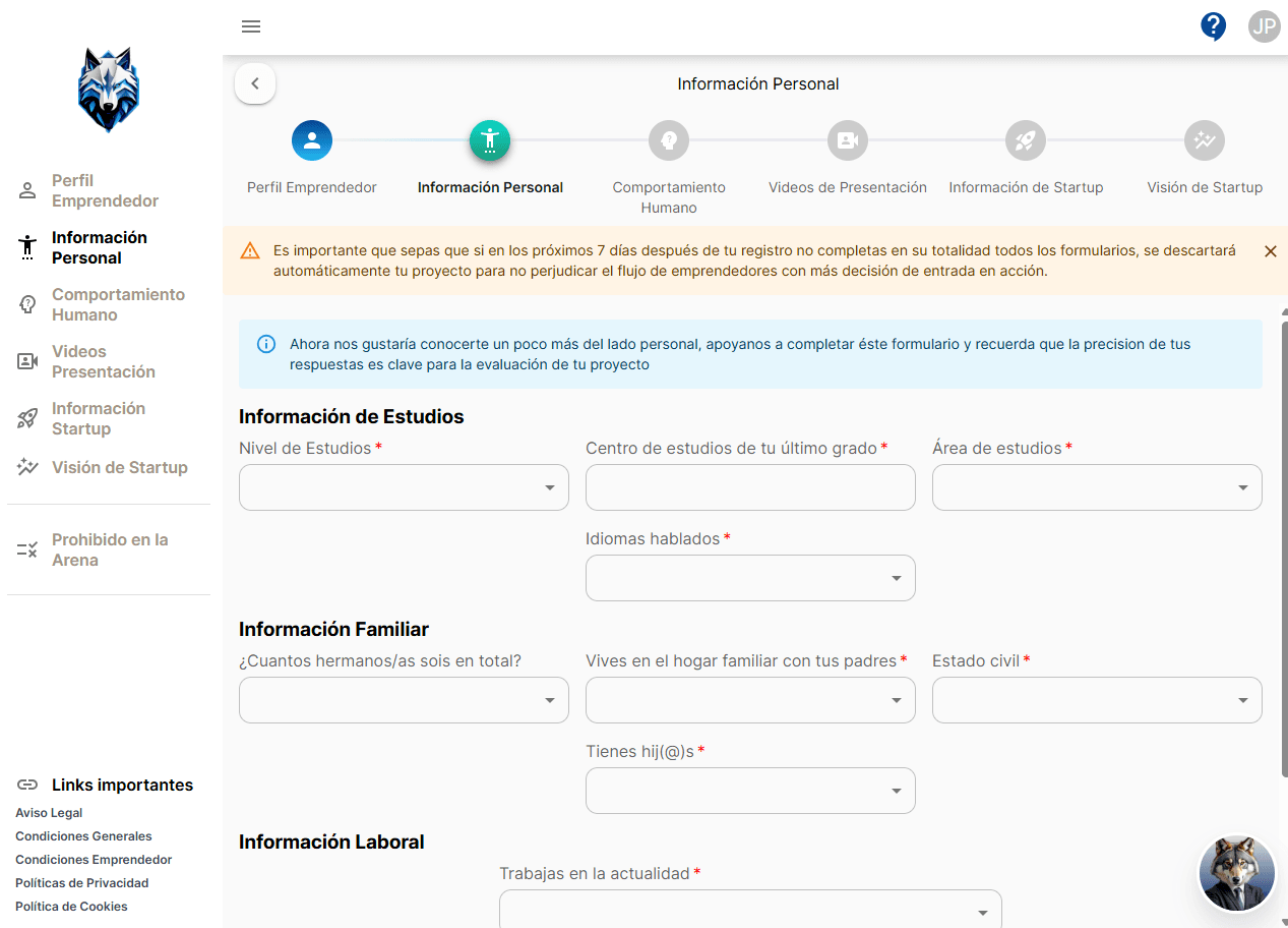 Entrepreneur personal information form, with notices and education and family fields