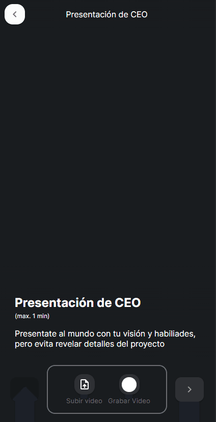 Screen to record or upload the CEO presentation video, limited to one minute — mobile view