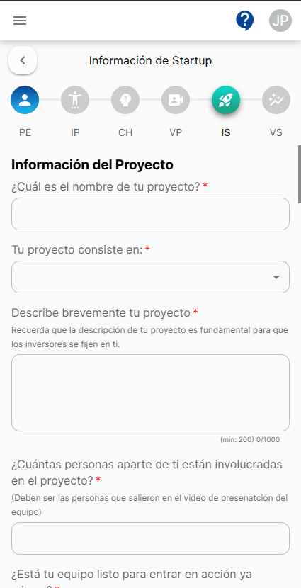Project information form with name, description, and team details — mobile view