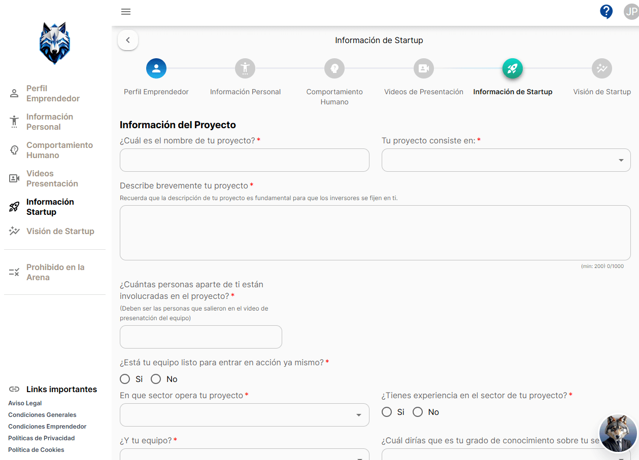 Project information form with name, description, and team details