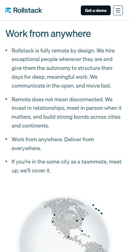 Rollstack website culture section with value cards and the “Work from anywhere” block — mobile view