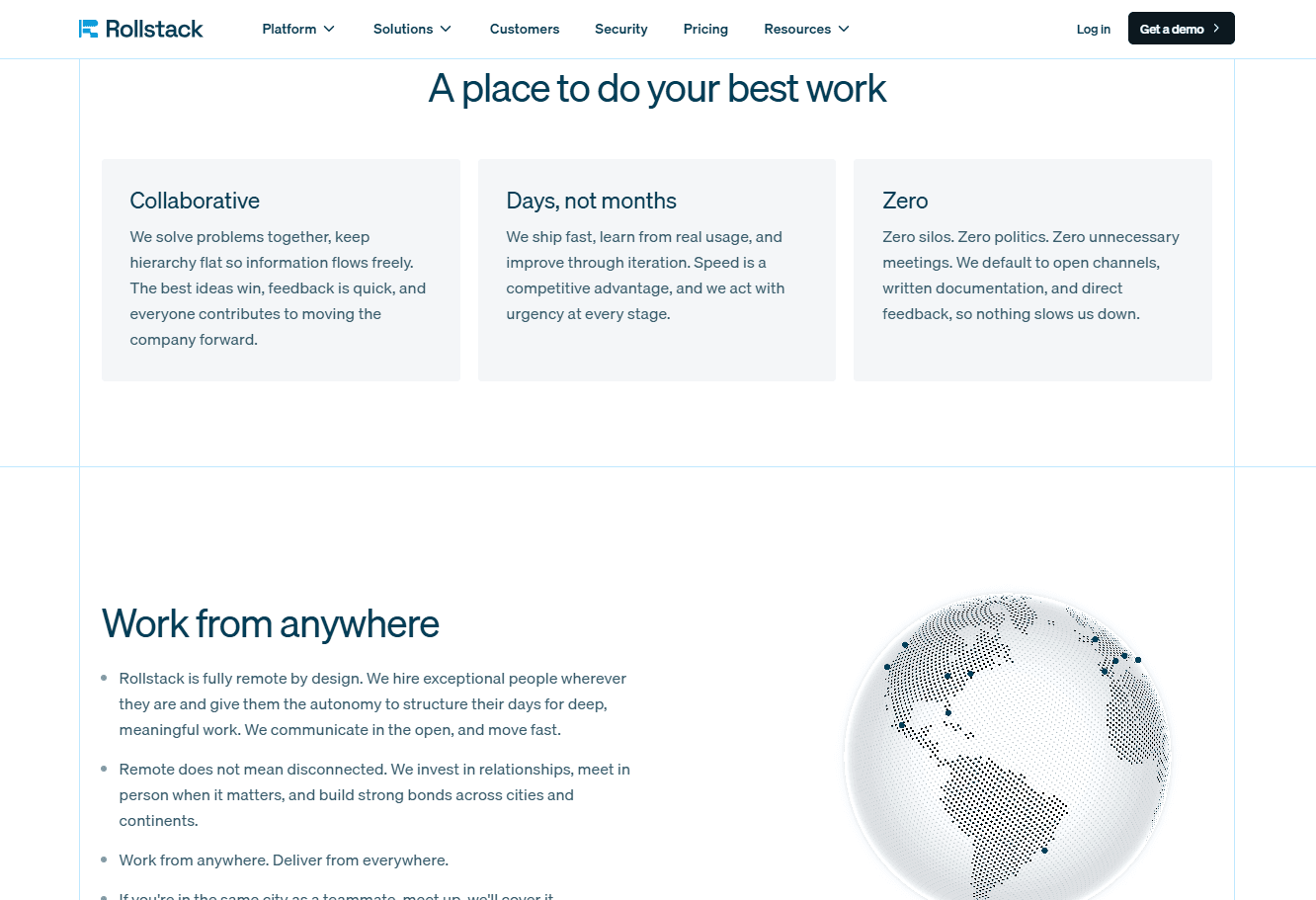 Rollstack website culture section with value cards and the “Work from anywhere” block