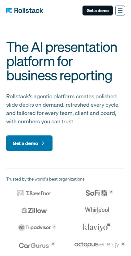Rollstack website home page with the main message about its AI presentation platform — mobile view