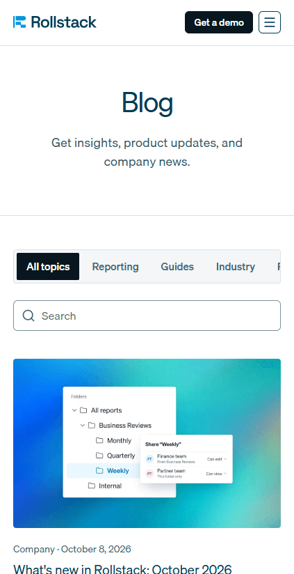 Rollstack blog page with topic filters, search, and featured articles — mobile view