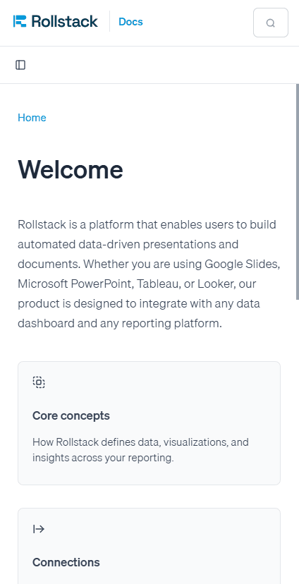 Welcome page of the Rollstack documentation with side navigation and cards linking to the main topics — mobile view