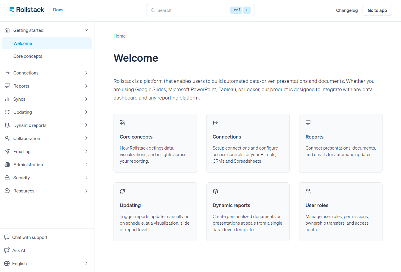 Welcome page of the Rollstack documentation with side navigation and cards linking to the main topics