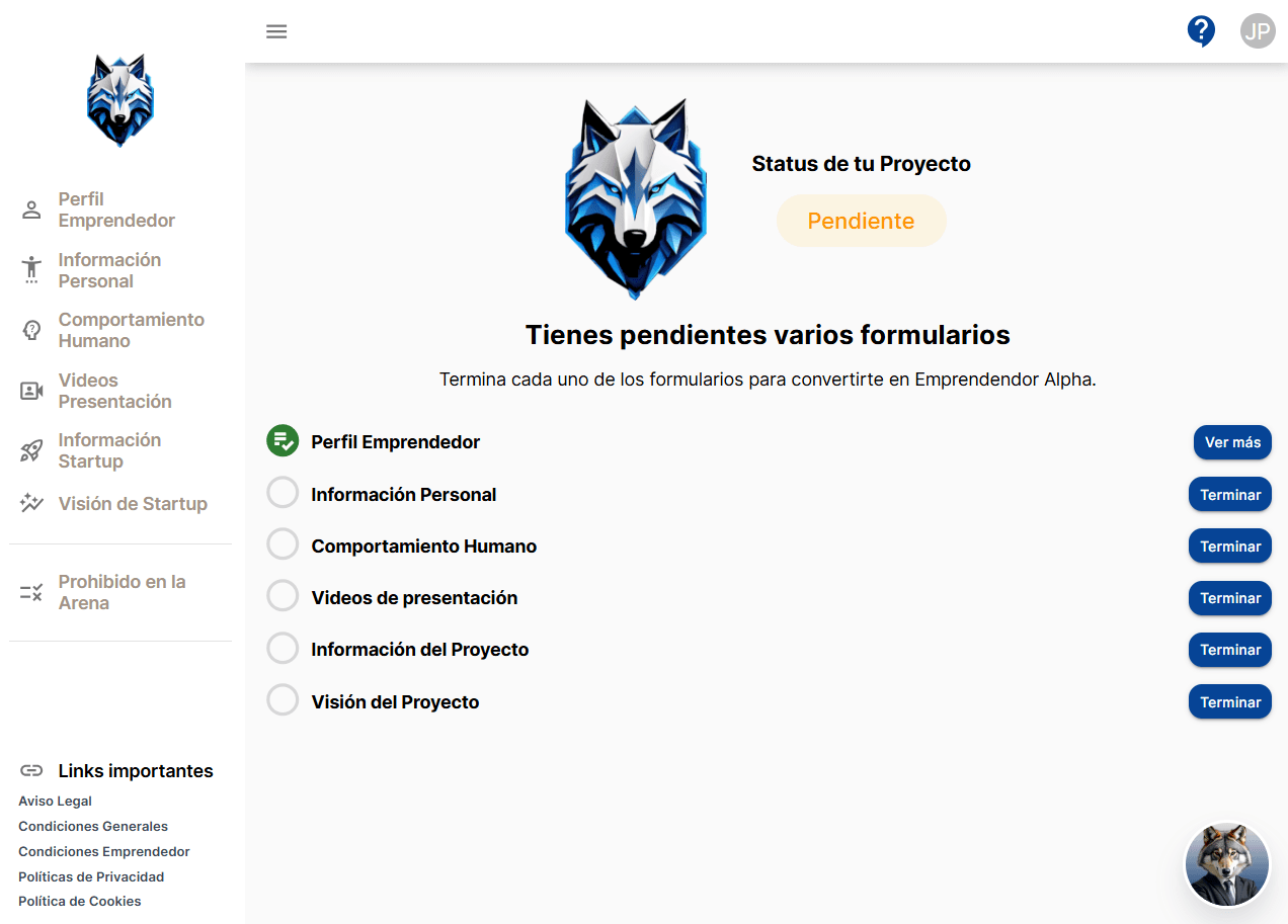 Entrepreneur project status screen listing the forms still pending
