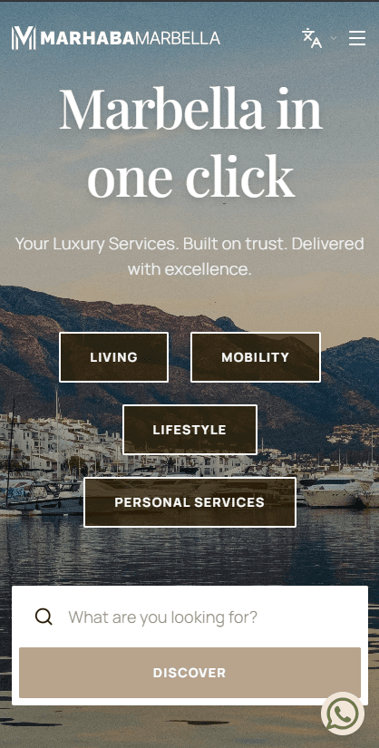 Marhaba Marbella home page with a service search and categories — mobile view