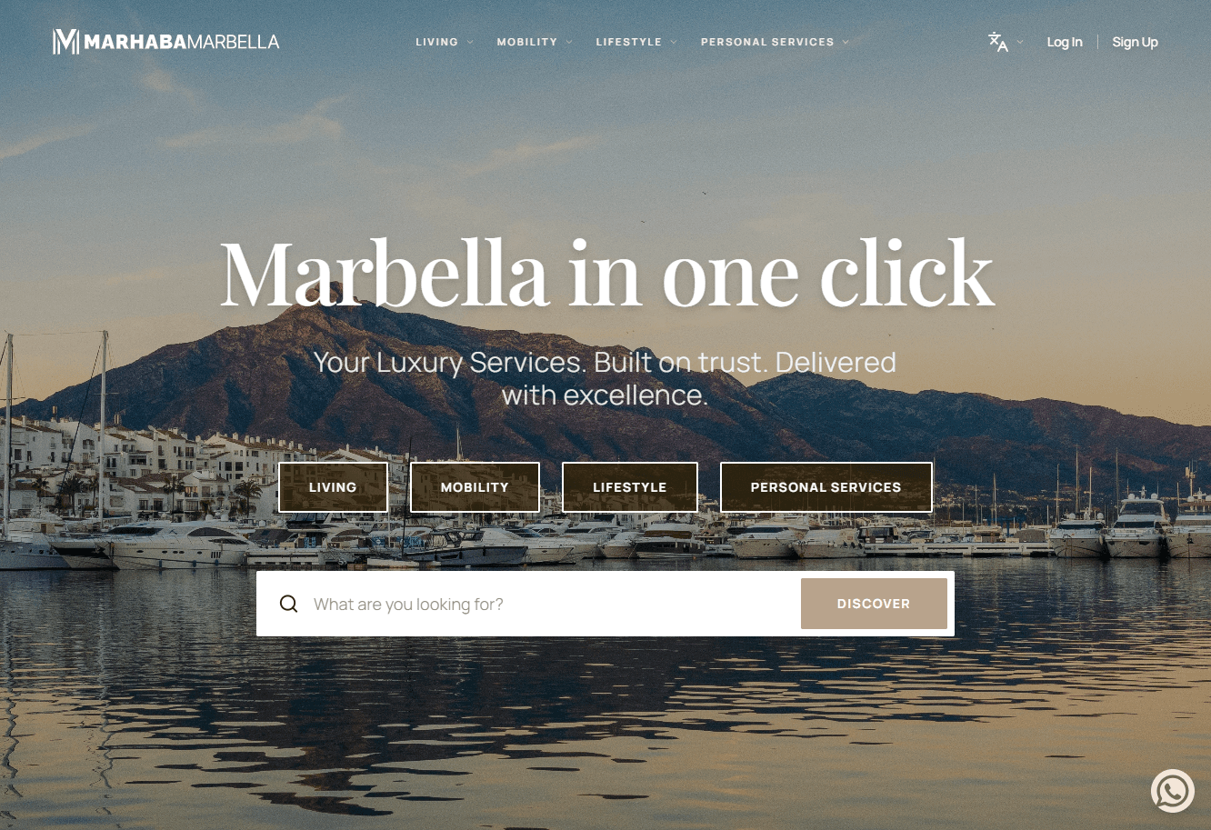 Marhaba Marbella home page with a service search and categories