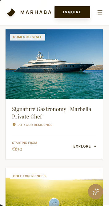 Catalog of available offerings with service cards and category filters — mobile view