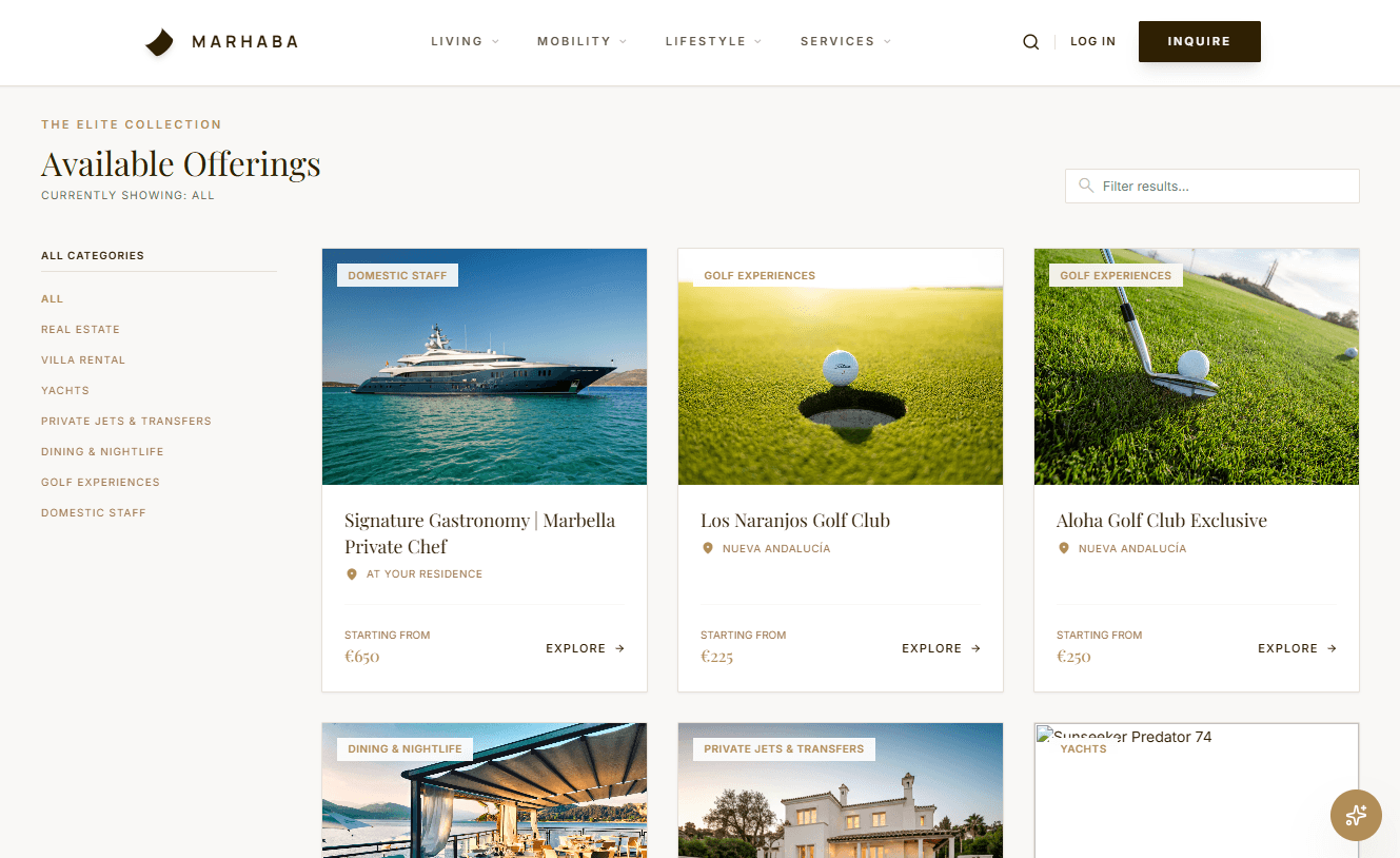 Catalog of available offerings with service cards and category filters