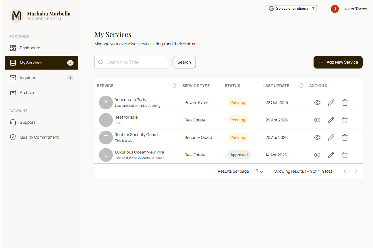 Provider dashboard with the list of its services, statuses, and actions