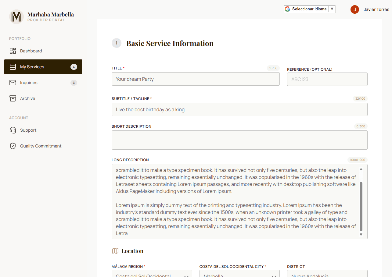 Provider form with the basic information of a service