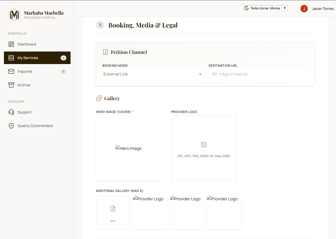 Provider form for booking, media, and legal details of a service