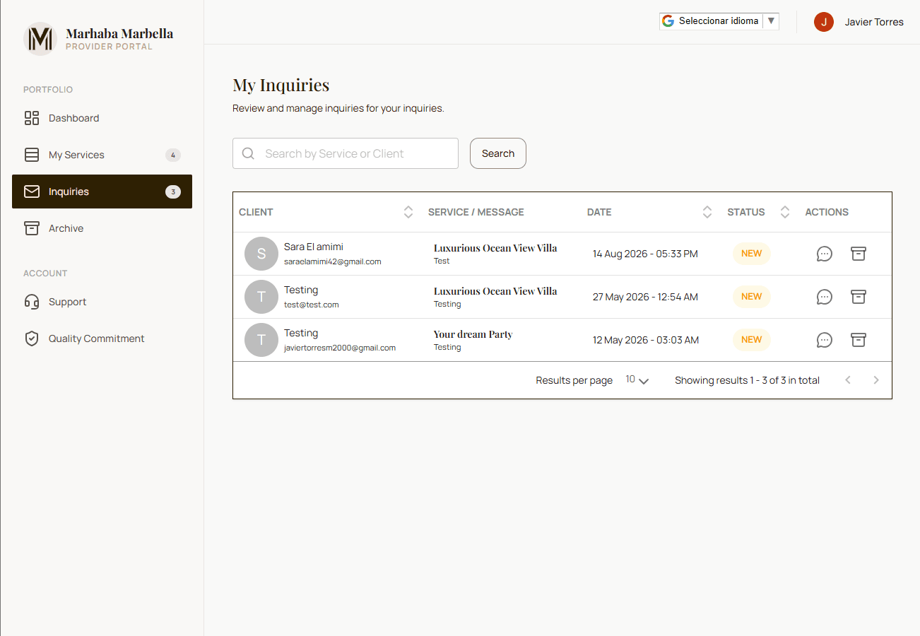 Provider dashboard with the customer requests received
