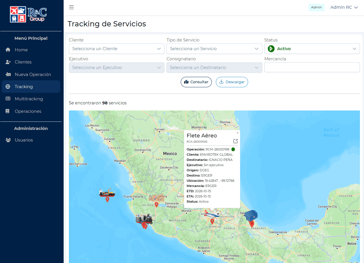 Service tracking screen with filters and a map with markers for active operations