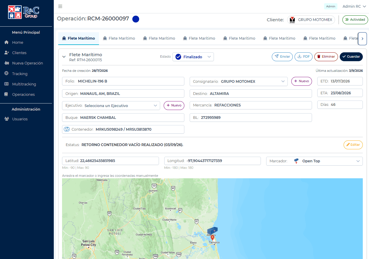 Detail of a sea freight operation with its data and a map