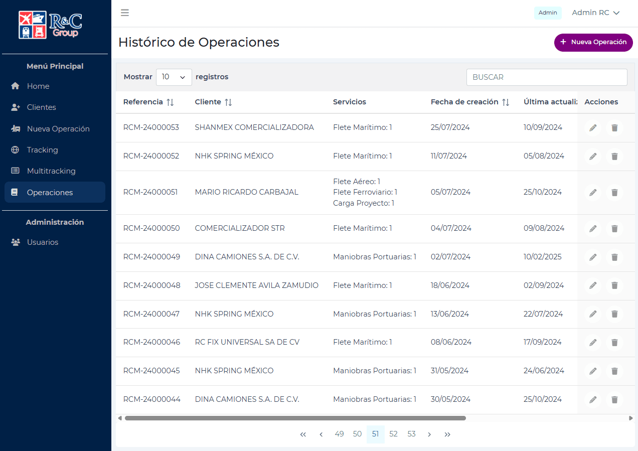 Operations history with a table, search, and actions