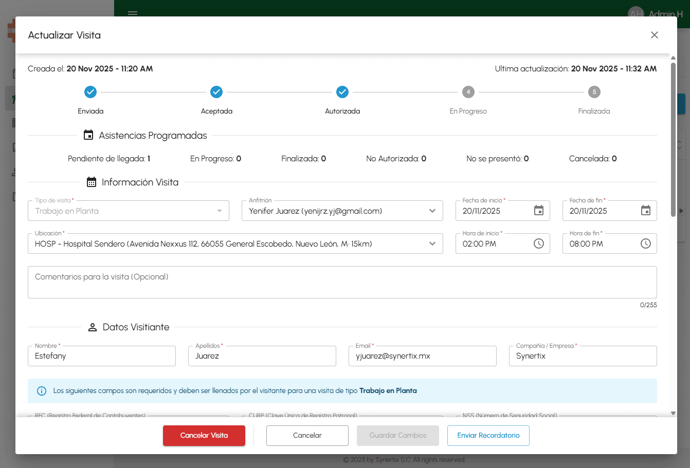 Visit update screen with the approval workflow and visitor details