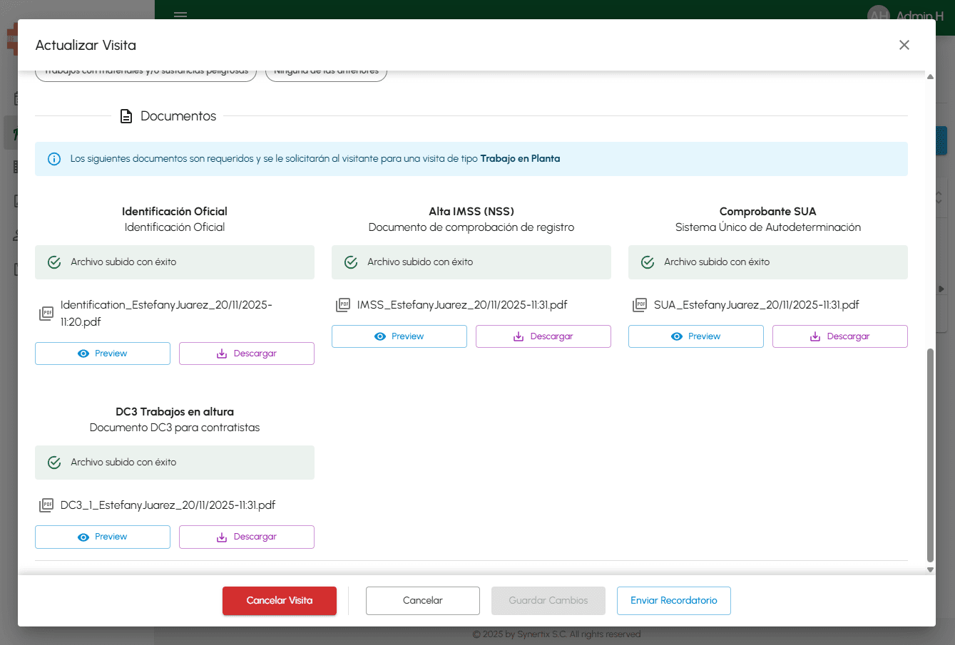 Documents required for a visit, with uploaded files and preview and download options