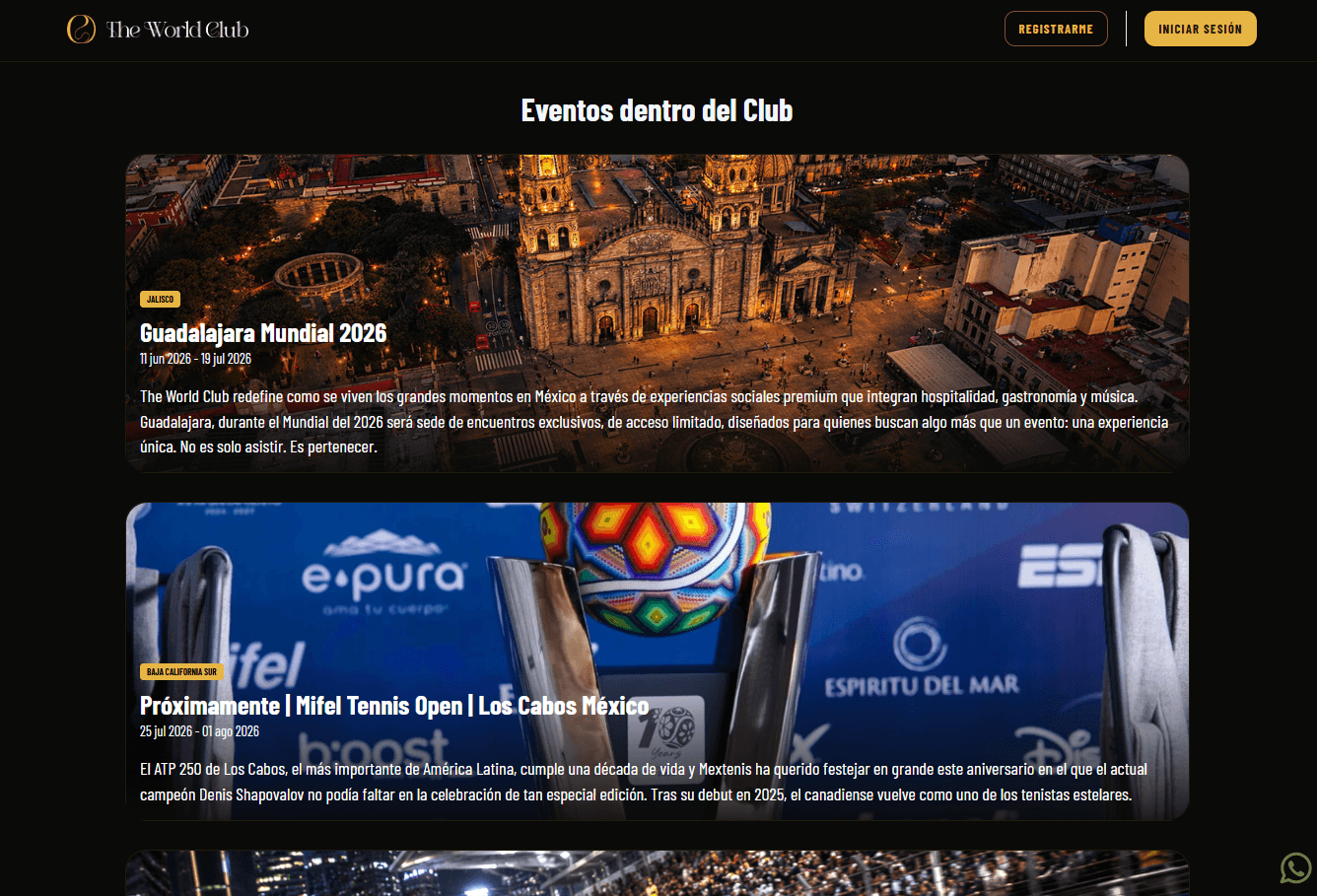 Club events page listing featured events