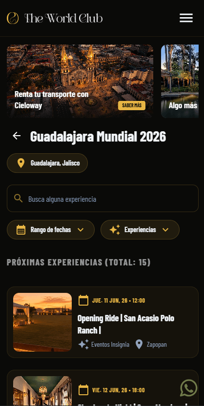 List of upcoming experiences for an event, with search and filters — mobile view
