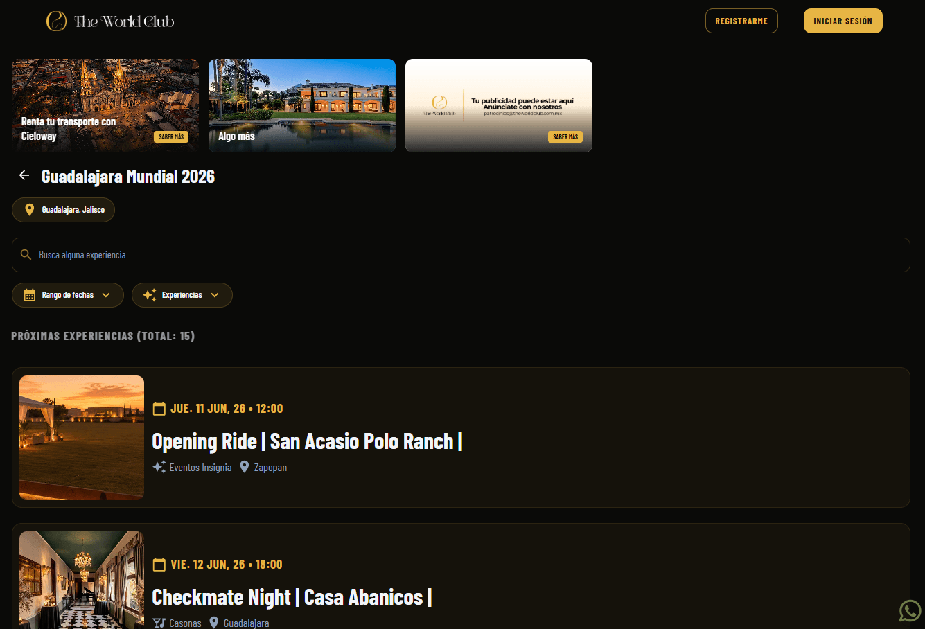 List of upcoming experiences for an event, with search and filters