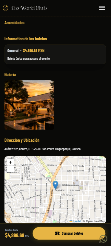 Ticket information, gallery, and a map with the address of an experience — mobile view