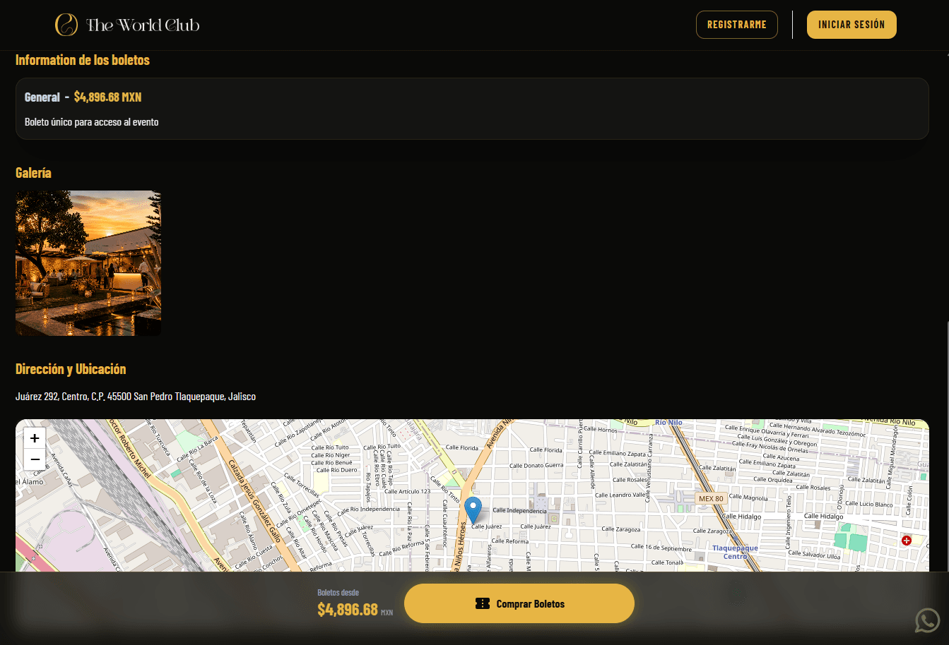 Ticket information, gallery, and a map with the address of an experience