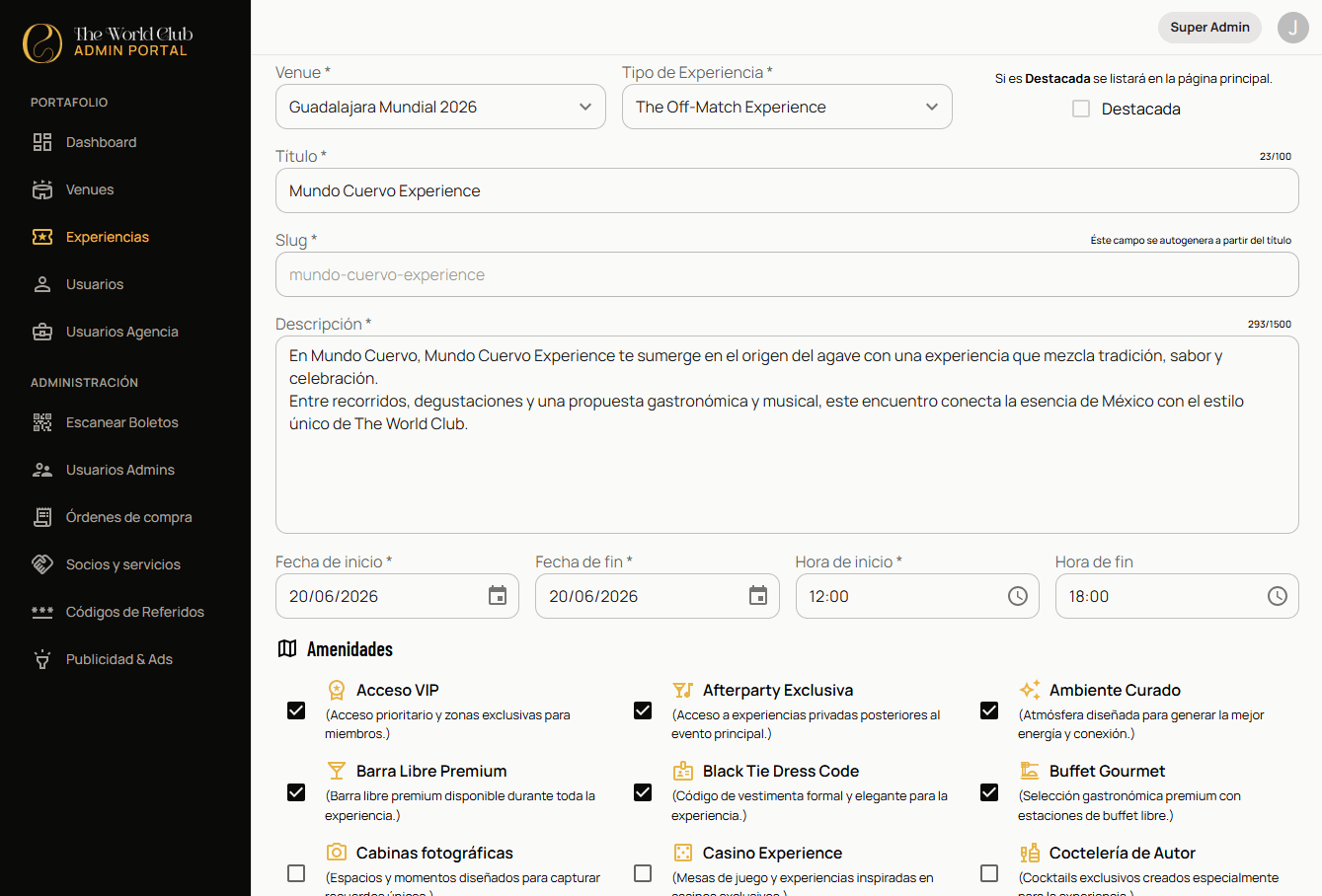 Admin form for an experience with general details, dates, and amenities