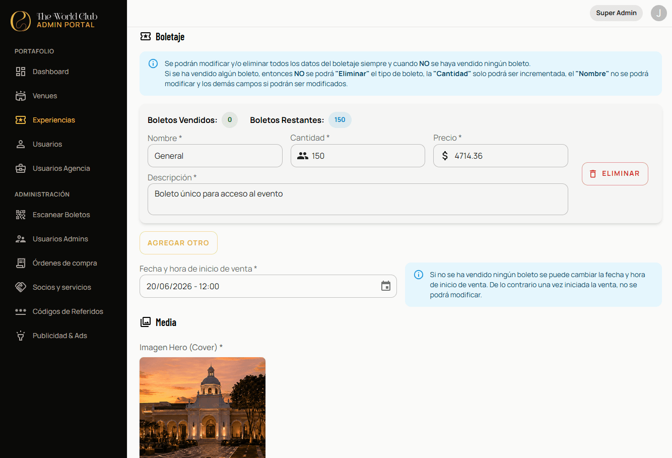 Ticketing administration for an experience, with tickets sold and remaining and price